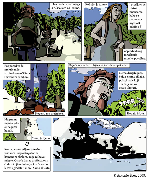 strip, comic, trees, sea