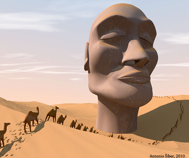 desert, sand, camels, head, sky, clouds