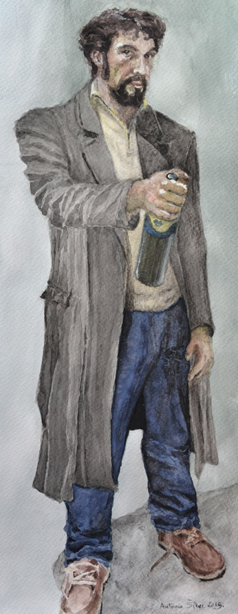 Muškarac u kaputu s bocom vina