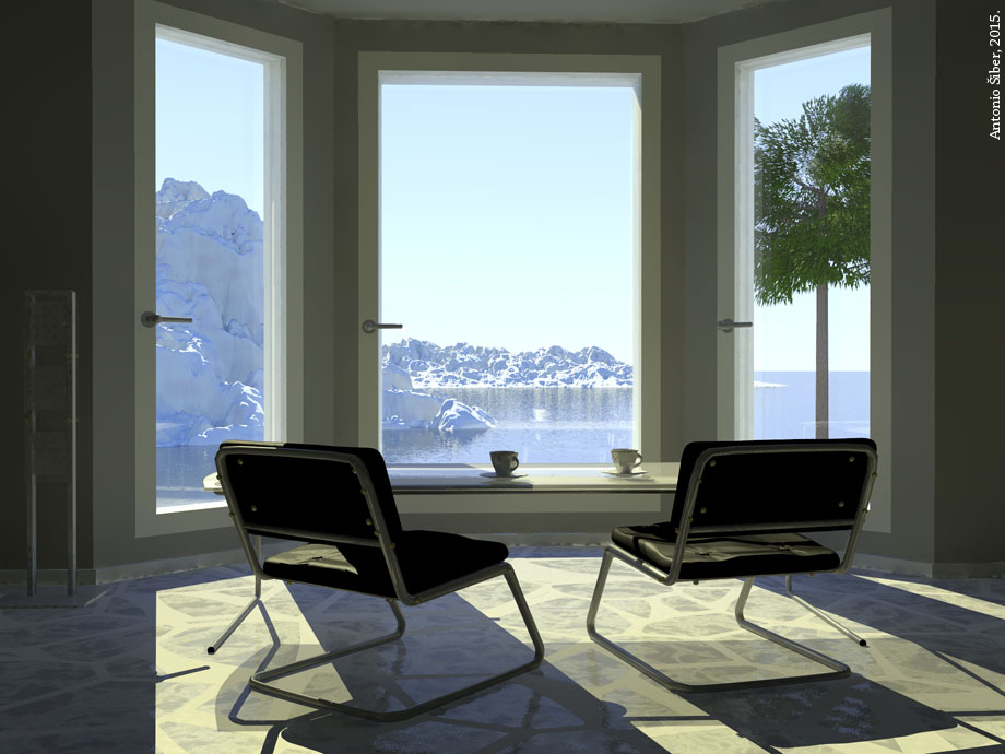 Stol i stolice pred prozorom. Pogled na more.