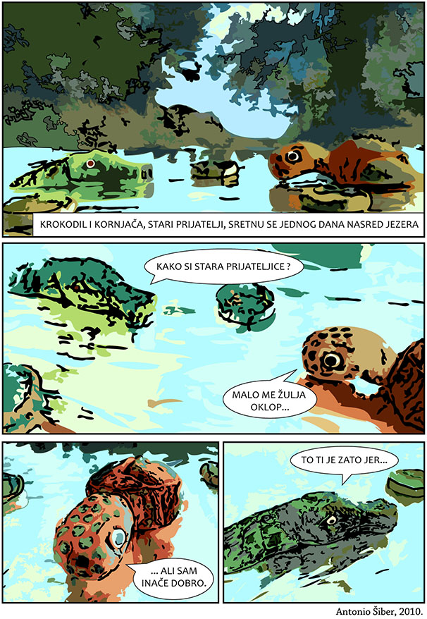 strip, comic, turtle, crocodile, lake, kornjača