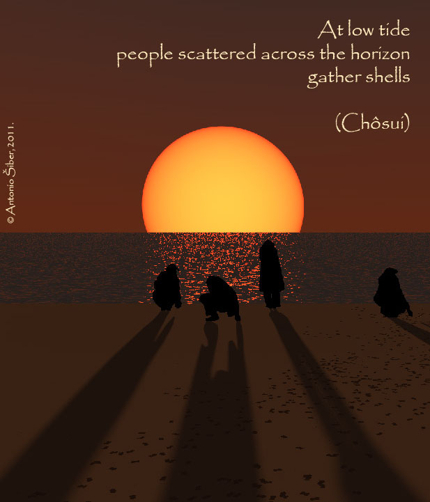 shore, haiku, shells, sun, Chosui
