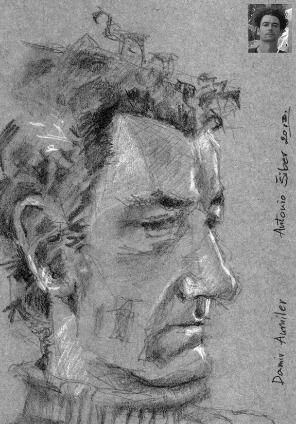 portret, Damir Aumiler, olovka, bijela pastela, tonirani papir