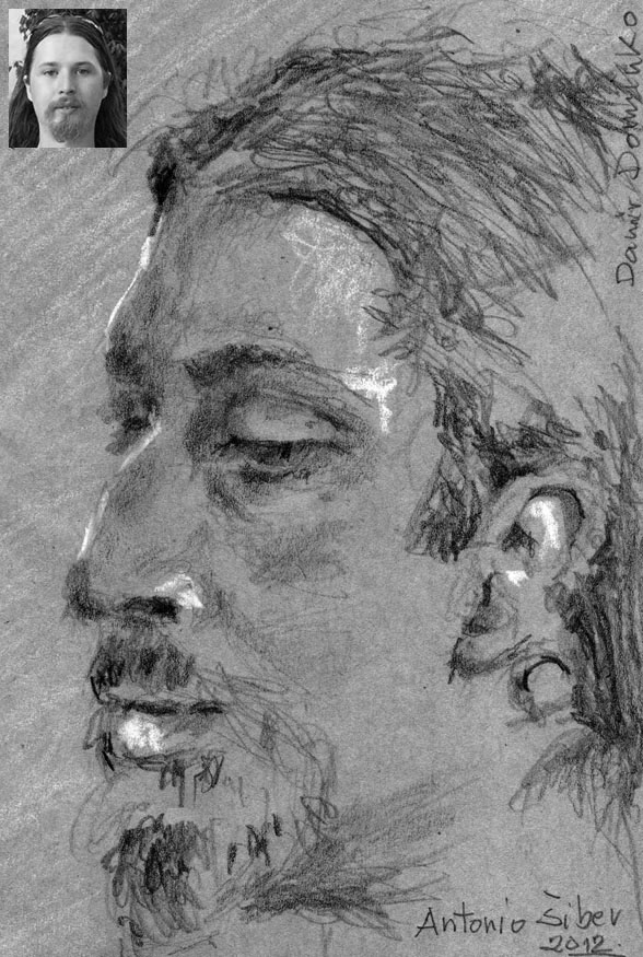 portret, Damir Dominko, olovka, bijela pastela, tonirani papir