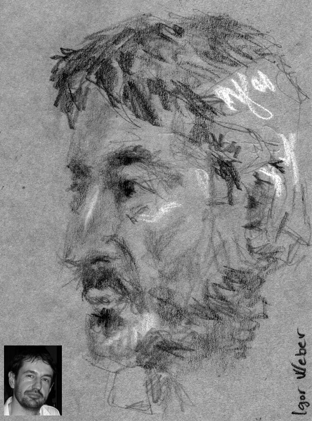 portret, Igor Weber, olovka, bijela pastela, tonirani papir